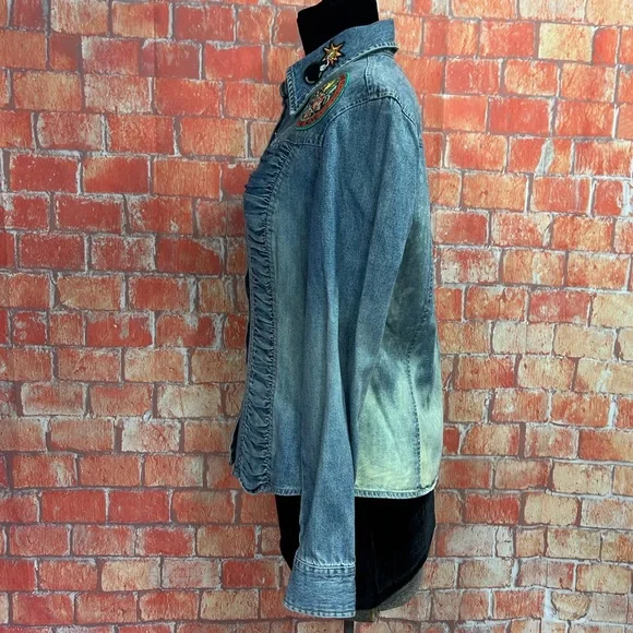 Newport News Jeanology Snap Front Ruched Denim Shirt with Patches - Picture 3 of 7